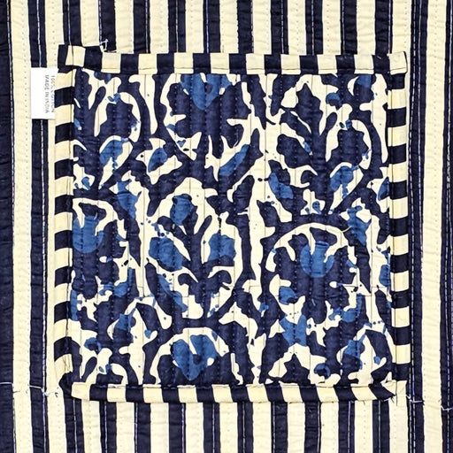 Deep Blue Floral Quilted Cotton Tote Bag with Stripey Internal Lining and Inside Pocket