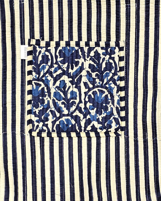 Deep Blue Floral Quilted Cotton Tote Bag with Stripey Internal Lining and Inside Pocket