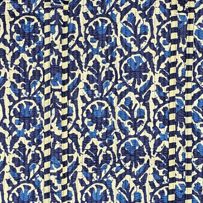 Patterned fabric with blue and cream floral design on a striped background