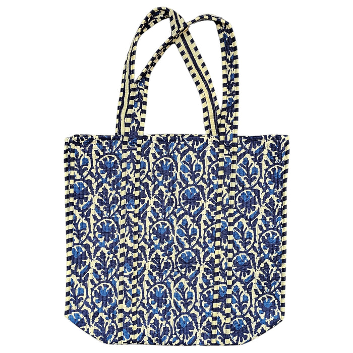 Cotton Quilted Tote bag with blue floral pattern on a plain white background
