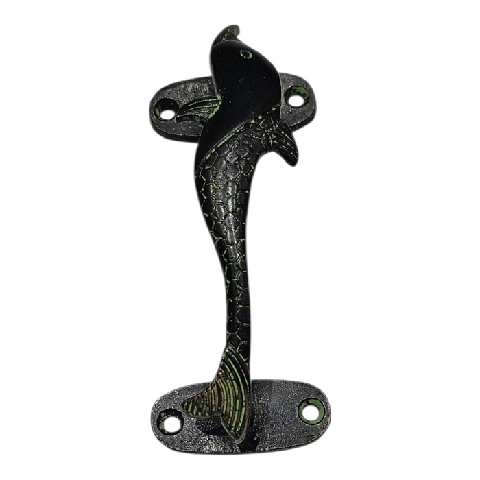 Dolphin Design Green Patina Brass Handle on a white background