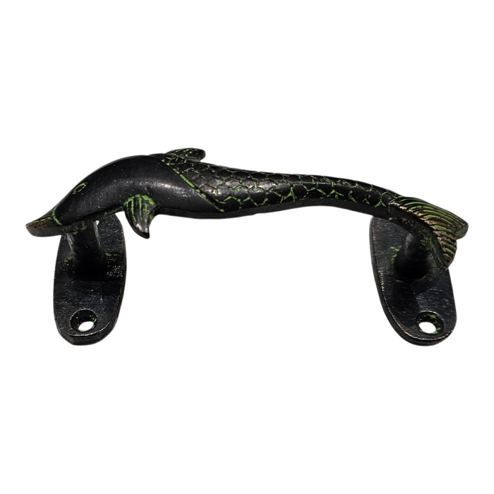 Side view of a Dolphin Design Green Patina Brass Handle on a white background
