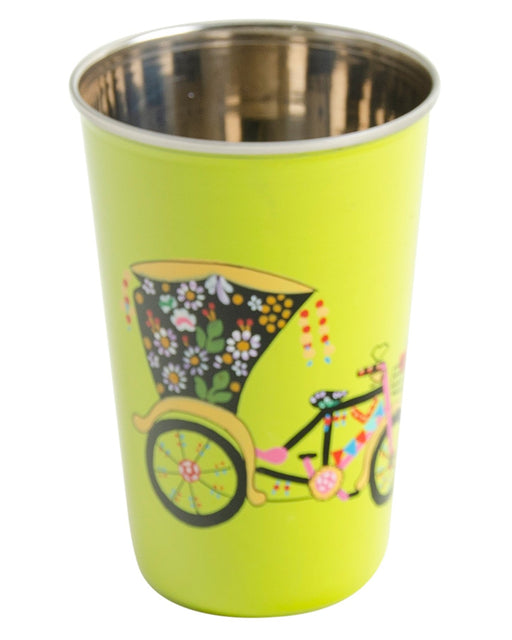 Green cup with a colorful rickshaw design on a white background