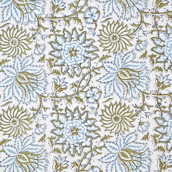 White cotton tablecloth hand-block printed with soft blue flowers and sage green leaves showing the main panel.