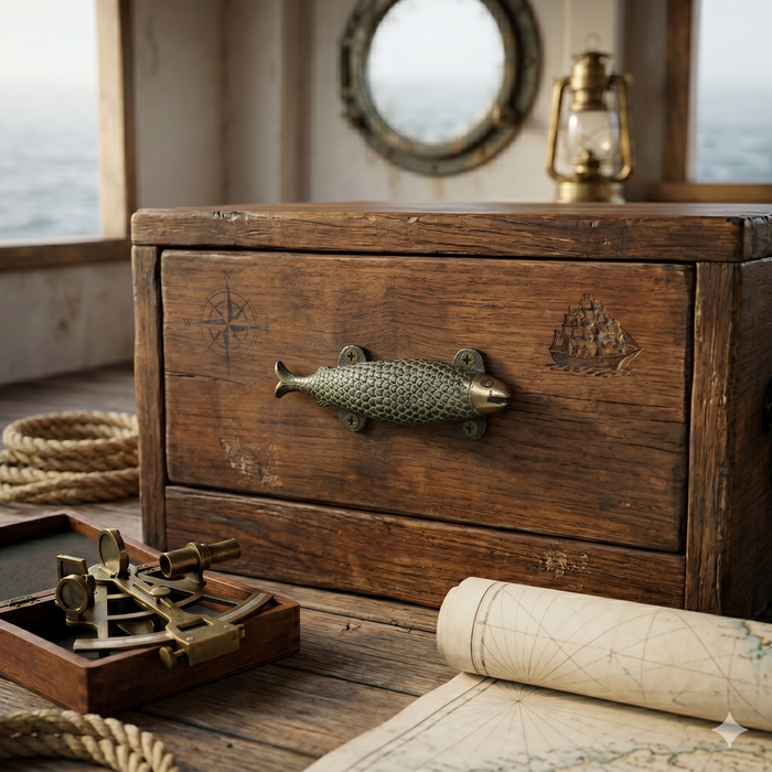 Vintage wooden chest with brass fish handle and ship emblem, surrounded by nautical items including a lantern and a map.
