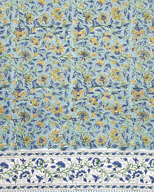 Green Block Print Tablecloth with a Yellow and Blue Floral Motil