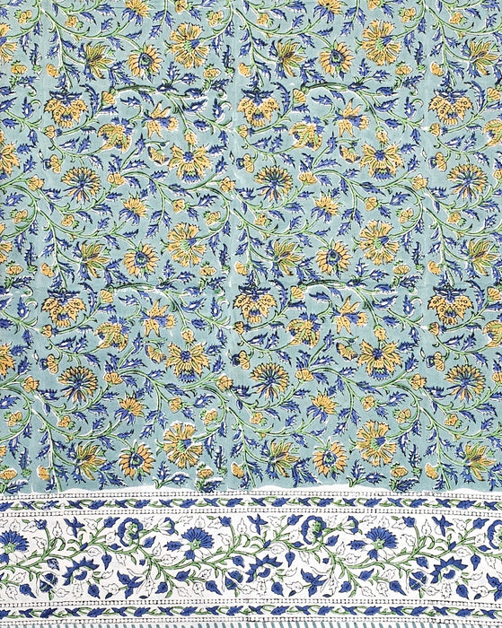 Green Block Print Tablecloth with a Yellow and Blue Floral Motil