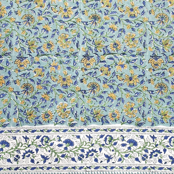 Green Block Print Tablecloth with a Yellow and Blue Floral Motil