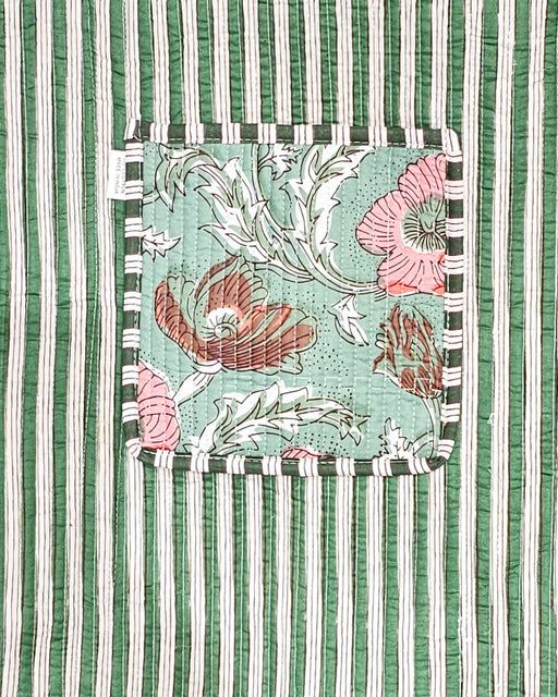 Green Floral Quilted Cotton Tote Bag with Stiripey Internal Lining and Inside Pocket