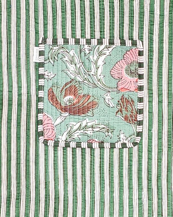 Green Floral Quilted Cotton Tote Bag with Stiripey Internal Lining and Inside Pocket