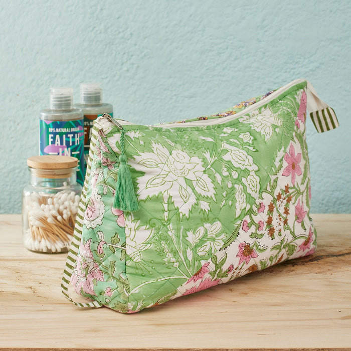 Green Patchwork Blockprint Large Wash Bag