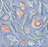 Deailed picture of a blue block printed cotton tablecloth with a green and orange floral design.