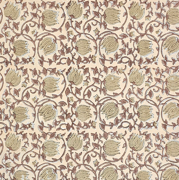 Hand Block Printed Cotton Tablecloth with scrolling vines and Tulip design in a soft brown colour palette