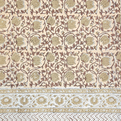 Hand Block Printed Cotton Tablecloth with scrolling vines and Tulip design in a soft brown colour palette