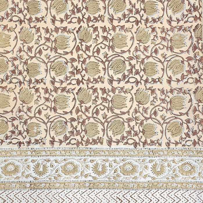 Hand Block Printed Cotton Tablecloth with scrolling vines and Tulip design in a soft brown colour palette