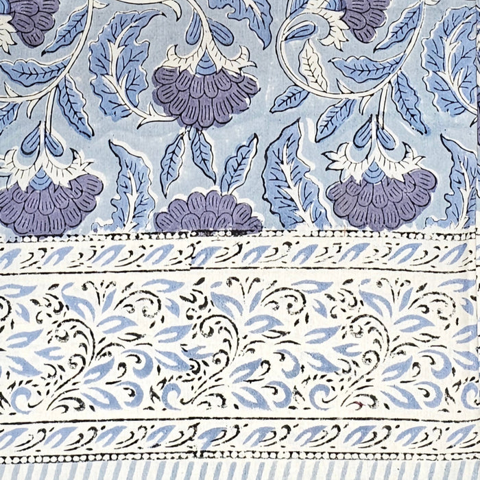 French Blue and White Floral Cotton Block Print Tablecloth showing the border detail