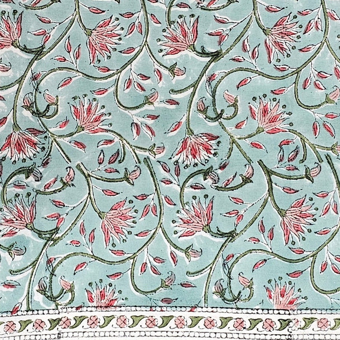 Hand Block Printed Cotton Tablecloth | Marigold Jaal | Small Square 110 x 110cm | Turquoise