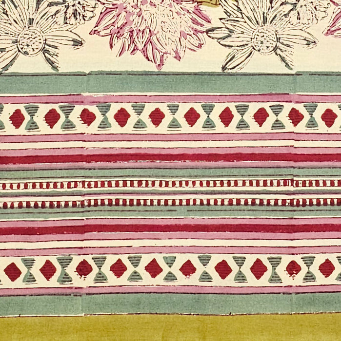 Patterned fabric with floral and geometric designs in pastel colors.