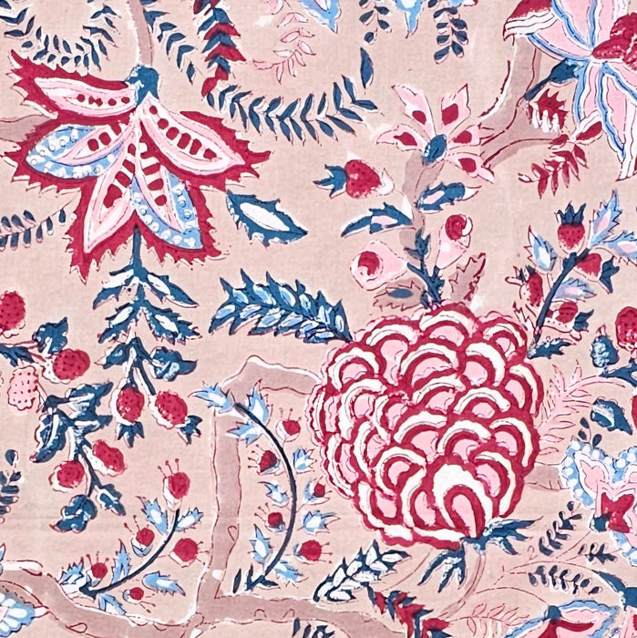 Floral pattern with red, blue, and pink colors on a beige background