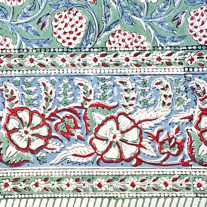 Close-up of intricate floral and geometric pattern with red, white, and green colors.
