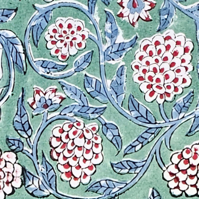 Close-up of a floral pattern with red and white flowers on a green background