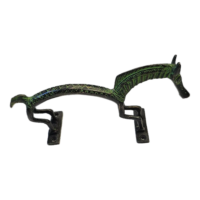 Horse Design Green Patina Brass Handle on a white background