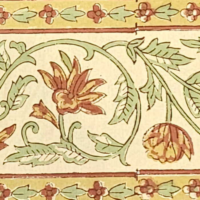 Golden turmeric hand-block printed cotton tablecloth with terracotta floral vines and sage green accents.  Detailed image of the border.
