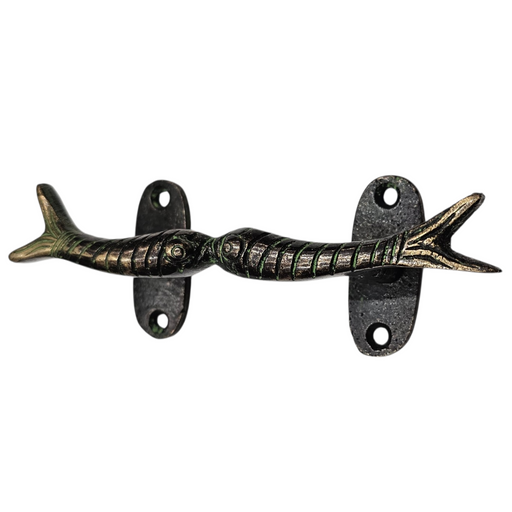 Kissing Fish Design Green Patina Brass Handle on a white background