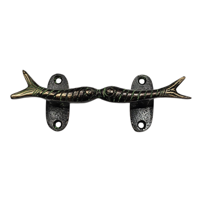 Kissing Fish Design Green Patina Brass Handle on a white background