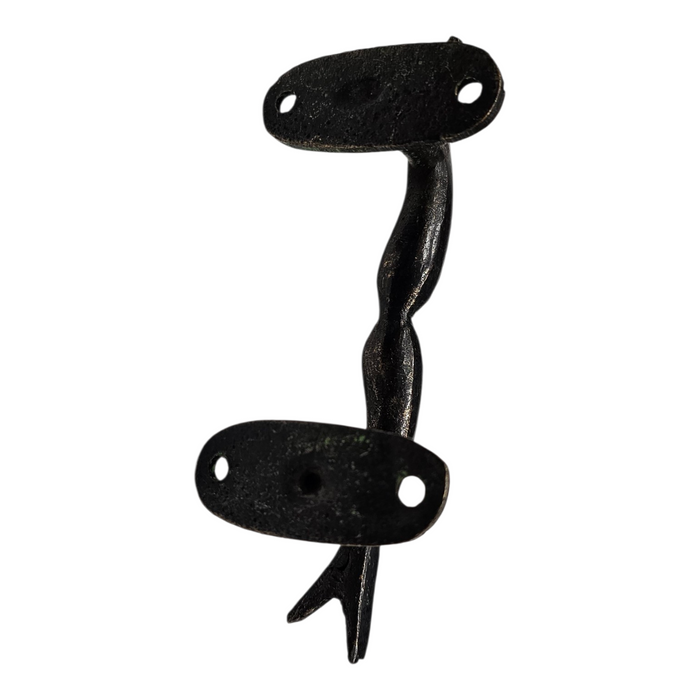 Reverse view of a Kissing Fish Design Green Patina Brass Handle on a white background