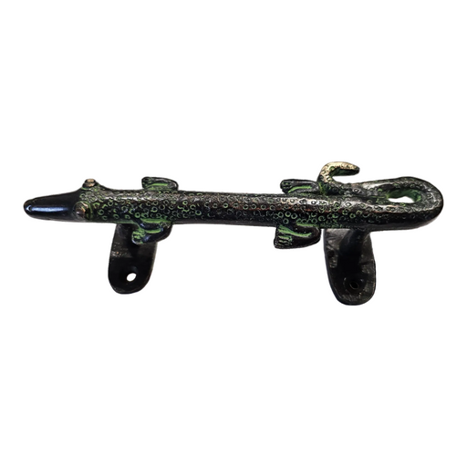 Long Crocodile Design Green Patina Brass Handle on a white background
