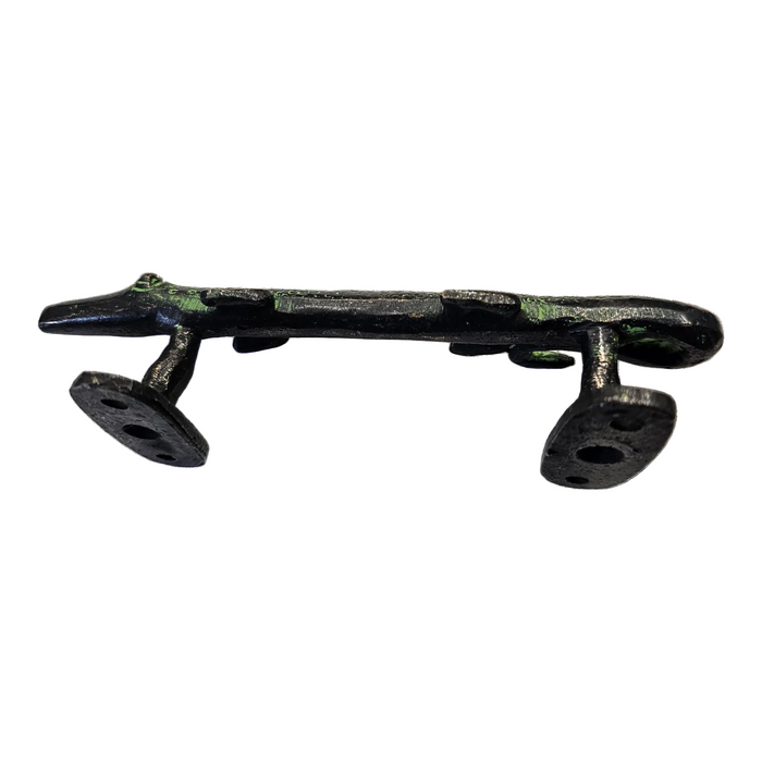 Underside view of the Long Crocodile Design Green Patina Brass Handle