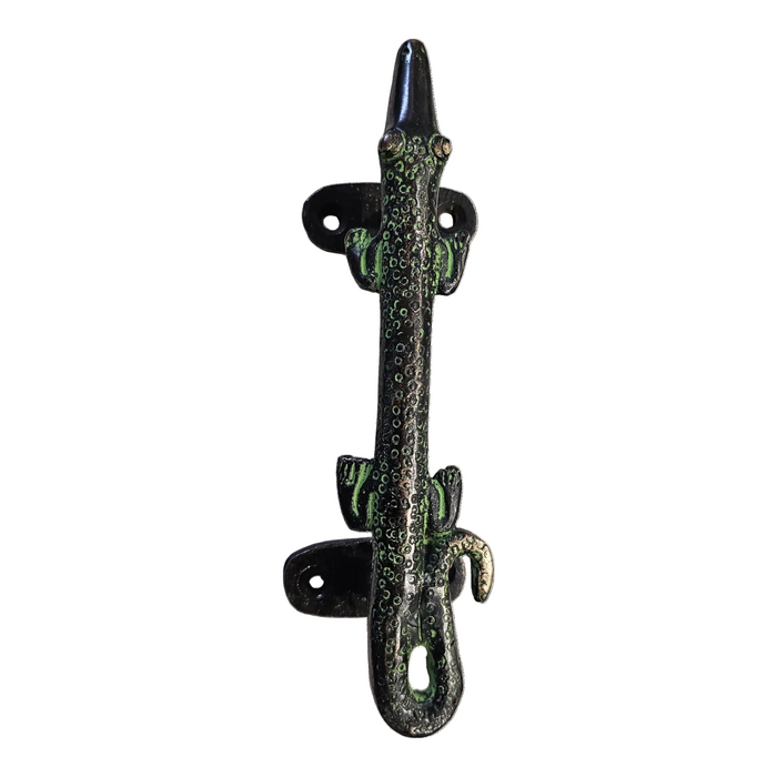 Long Crocodile Design Green Patina Brass Handle on a white background