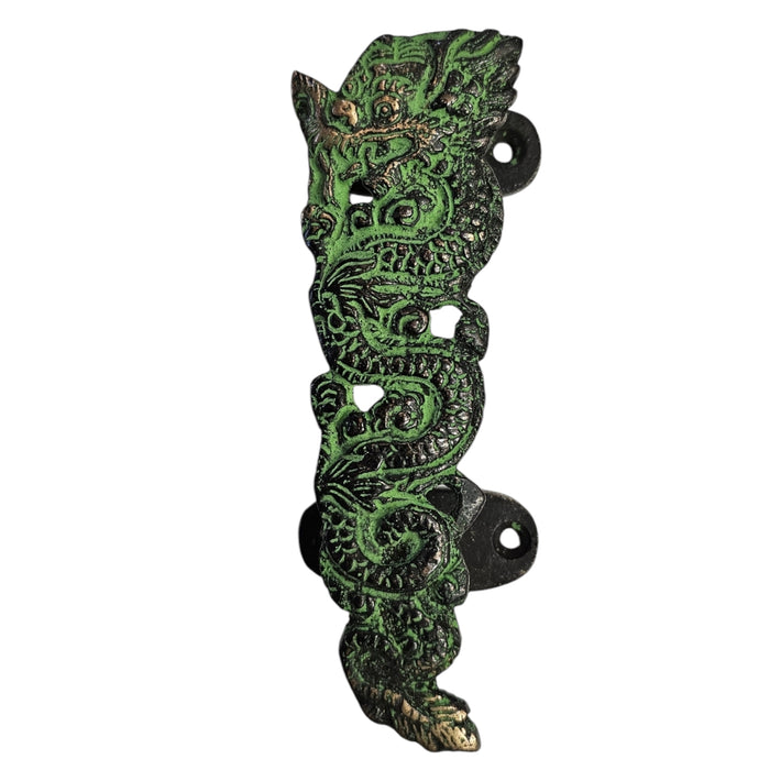 Long Dragon Design Green Patina Brass Handle on a white background