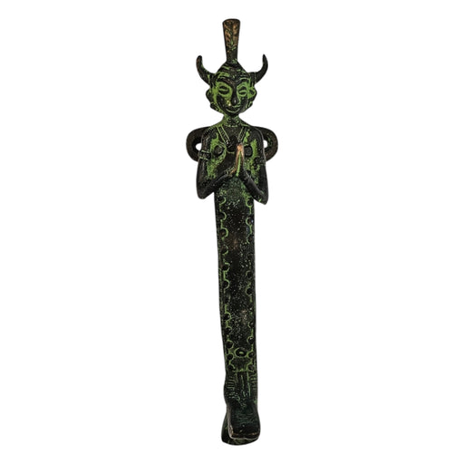 A green namaste figure  brass handle, depicted in a standing position with hands raised and fingers extended on a white background
