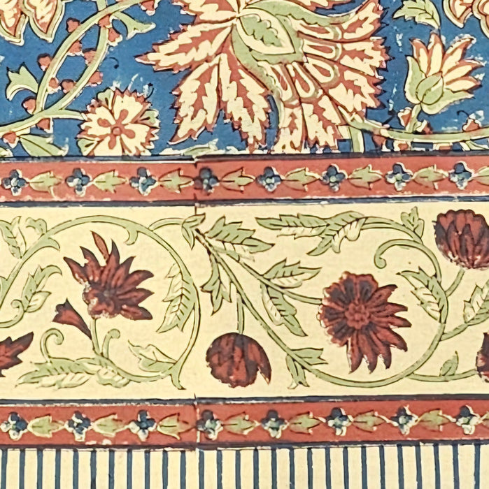 Dusky indigo slate hand-block printed cotton tablecloth with Terracotta-rust, warm peach-cream, and soft sage-celadon botanicals.  Border design