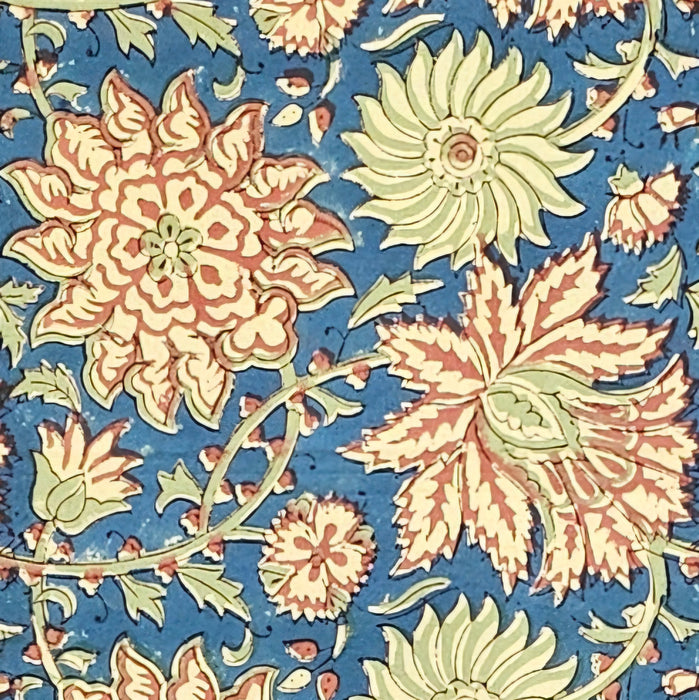 Dusky indigo slate hand-block printed cotton tablecloth with Terracotta-rust, warm peach-cream, and soft sage-celadon botanicals.  Close up picture.