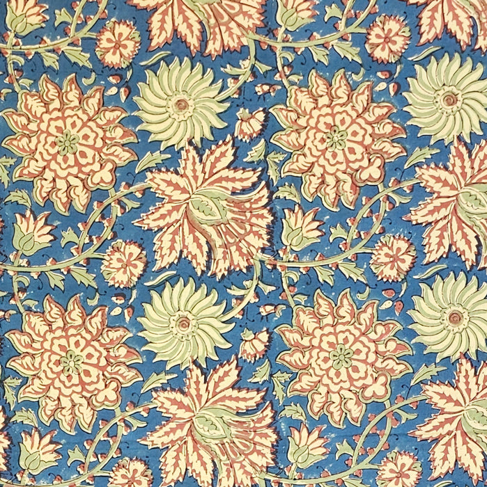 Dusky indigo slate hand-block printed cotton tablecloth with Terracotta-rust, warm peach-cream, and soft sage-celadon botanicals.  Central panel design.
