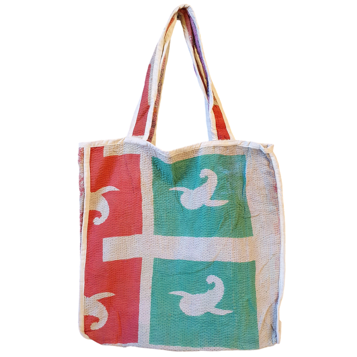 Reversible Tote Bag Made from a Vintage Hand Stitched Cotton Kantha Blanket