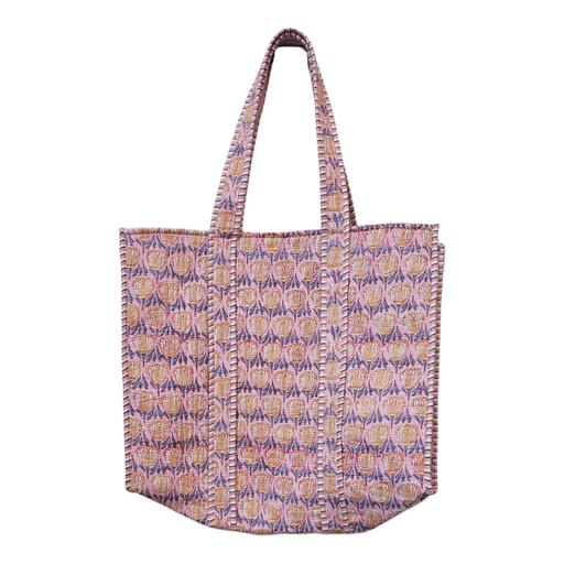 Quilted Block Print Tote Bag - Pink Tulips