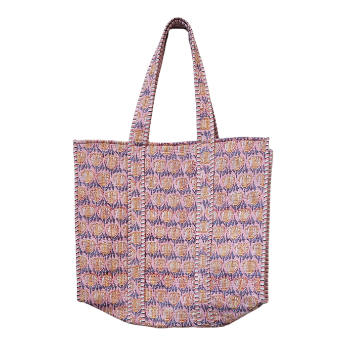 Quilted Block Print Tote Bag - Pink Tulips