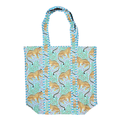 Quilted Block Print Tote Bag - Turquoise Tigers