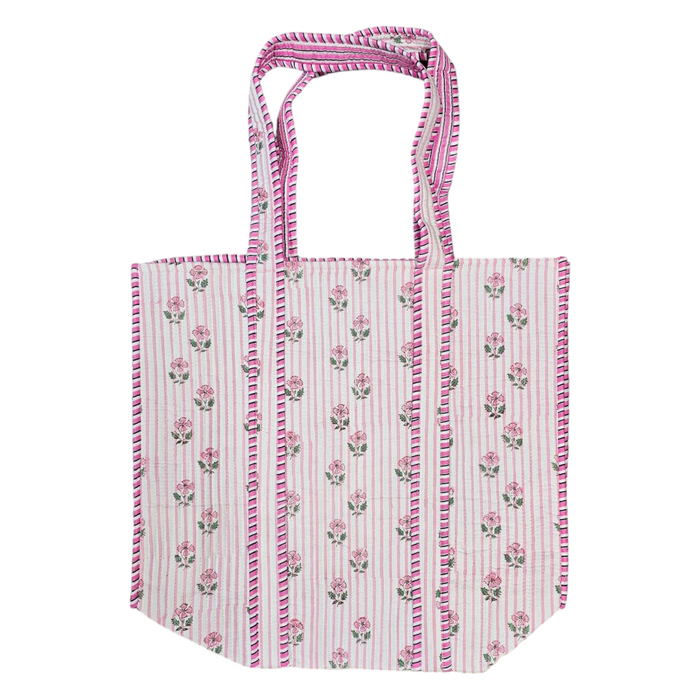 Quilted Block Print Tote Bag - Pink Stripes