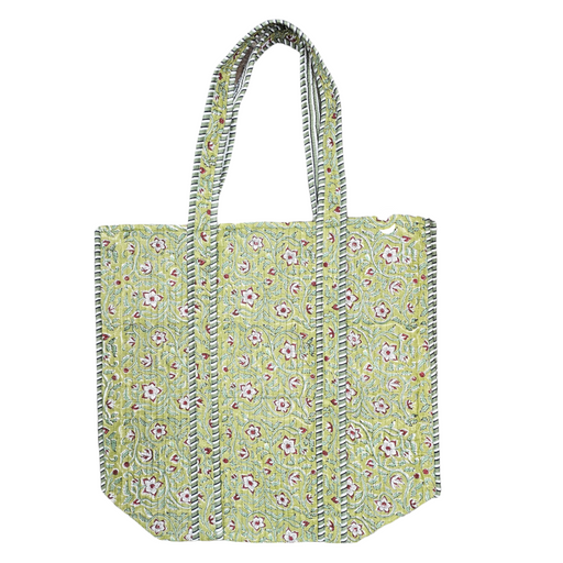 Quilted Block Print Tote Bag - Green Flowers