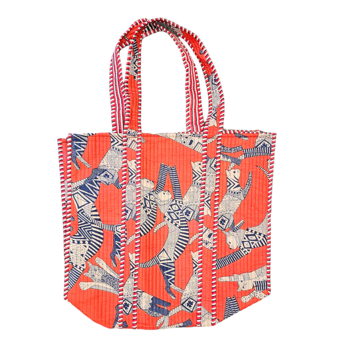 Quilted Block Print Tote Bag - Orange Cats