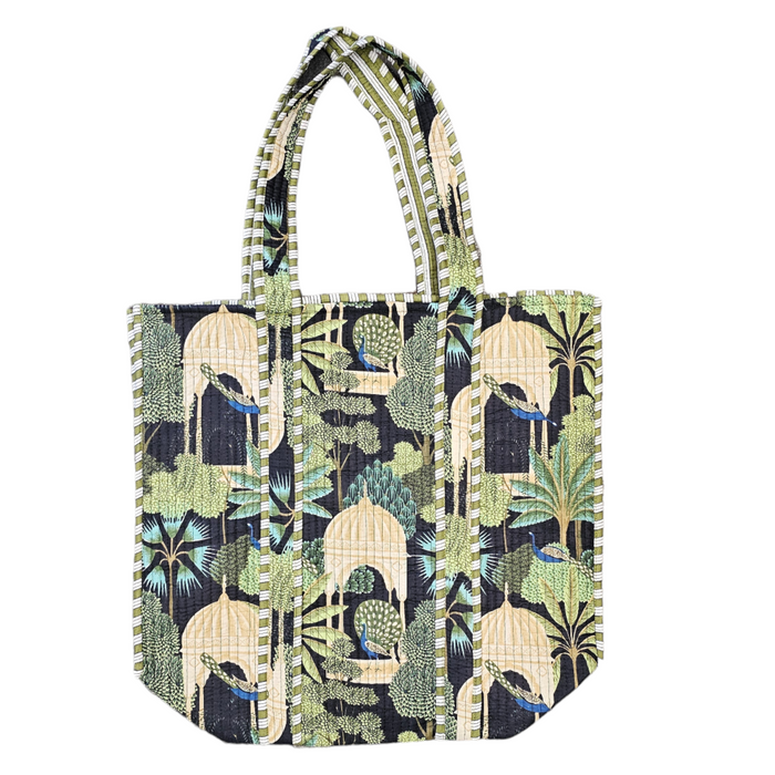 Quilted Block Print Tote Bag - Black Peacock Temple