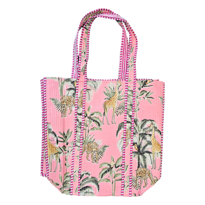 Quilted Block Print Tote Bag - Pink Giraffe