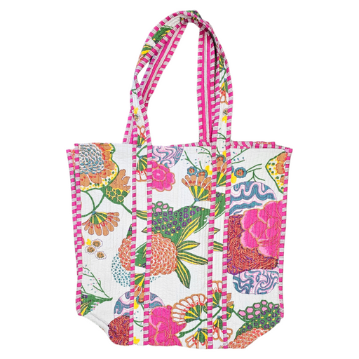 Quilted Block Print Tote Bag - White Floral