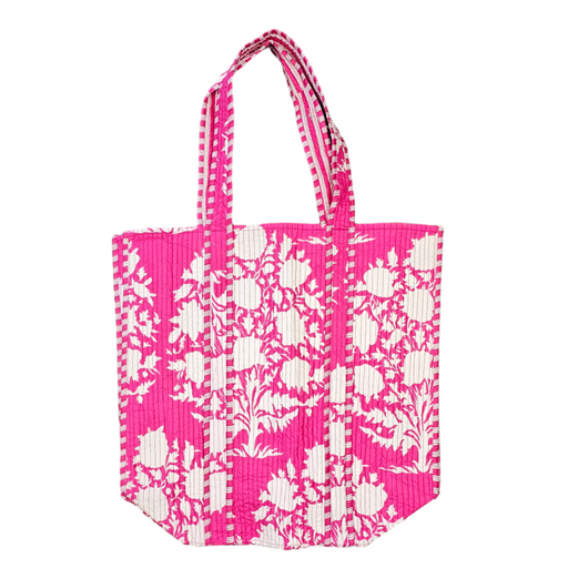 Quilted Block Print Tote Bag - Fuchsia