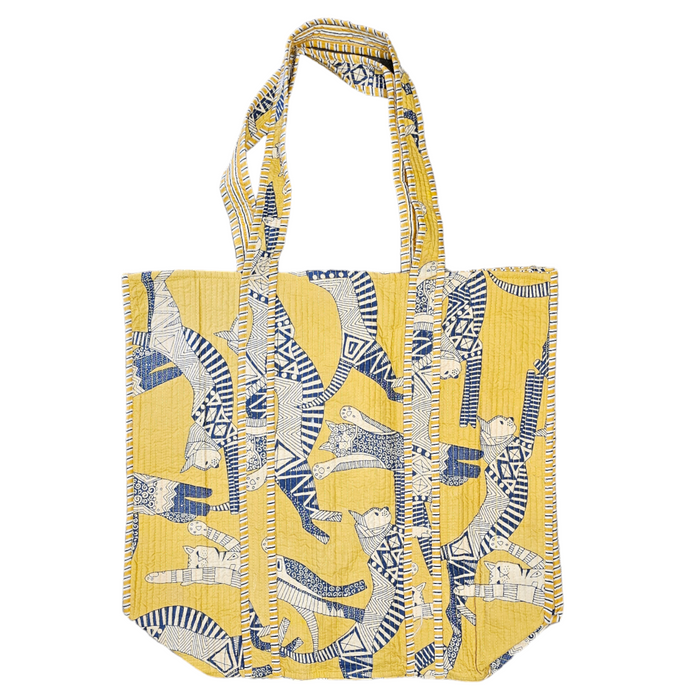 Quilted Block Print Tote Bag - Yellow Cats